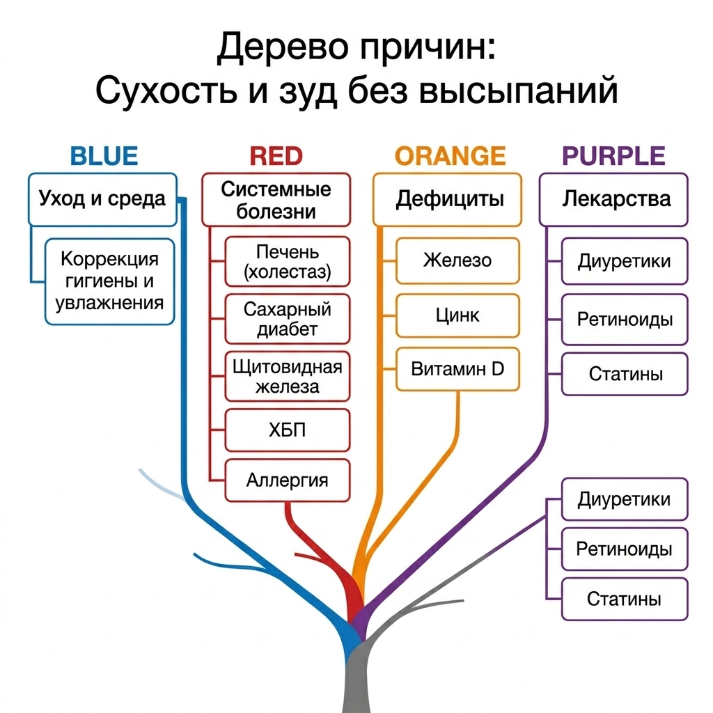 Инфографика причин сухости и зуда кожи без высыпаний, включая системные болезни