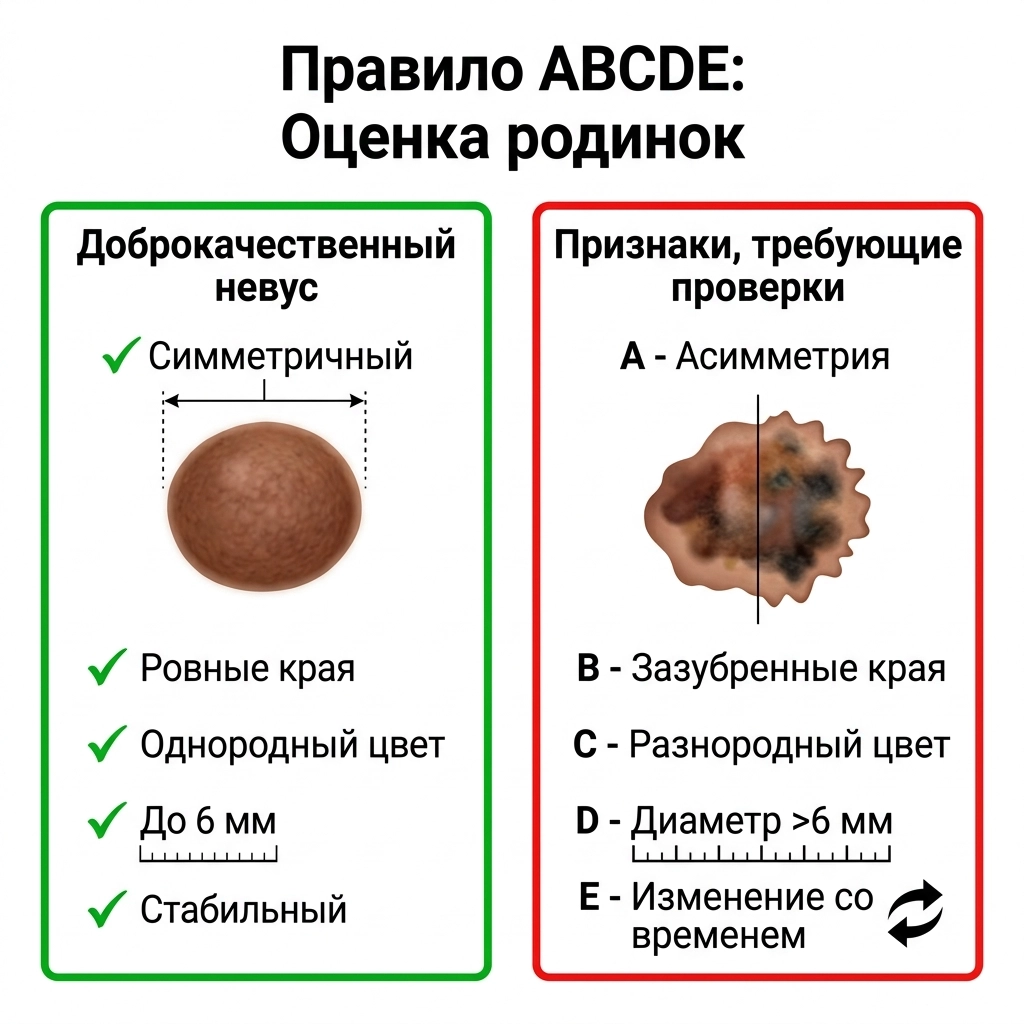 Инфографика правила ABCDE для распознавания меланомы по родинке