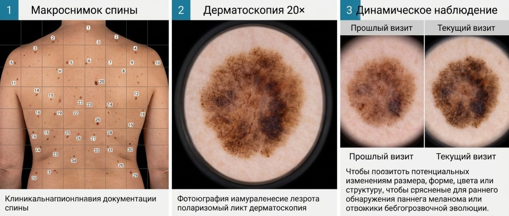 Пример цифровой дерматоскопии: карта тела и дерматоскопическое изображение пигментного образования с увеличением