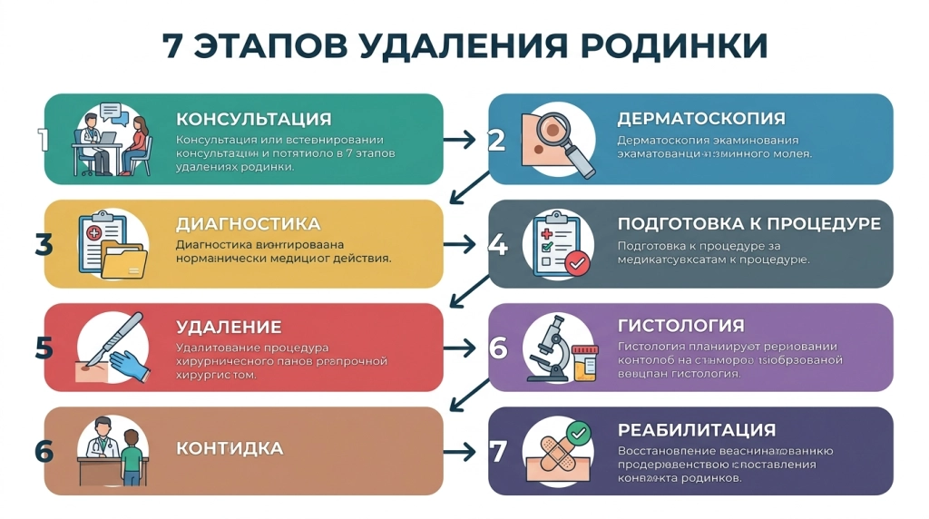 Блок-схема процесса «7 этапов удаления родинки — от консультации до реабилитации