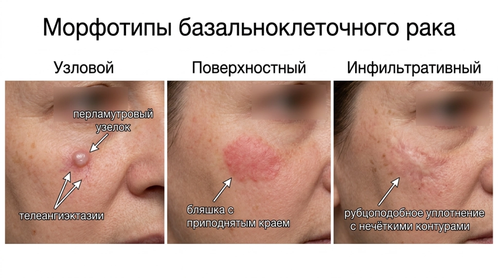 Клинические варианты базальноклеточного рака кожи: узловой, поверхностный, инфильтративный