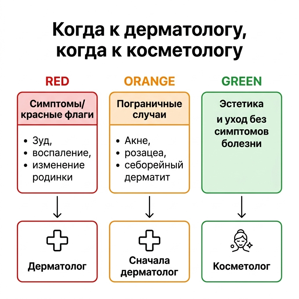 Схема выбора между дерматологом и косметологом по симптомам и целям