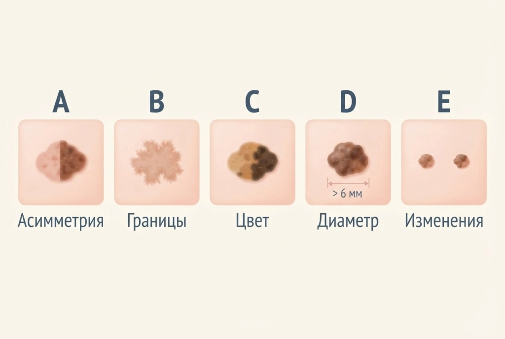 Правило ABCDE: асимметрия, границы, цвет, диаметр и динамика родинки
