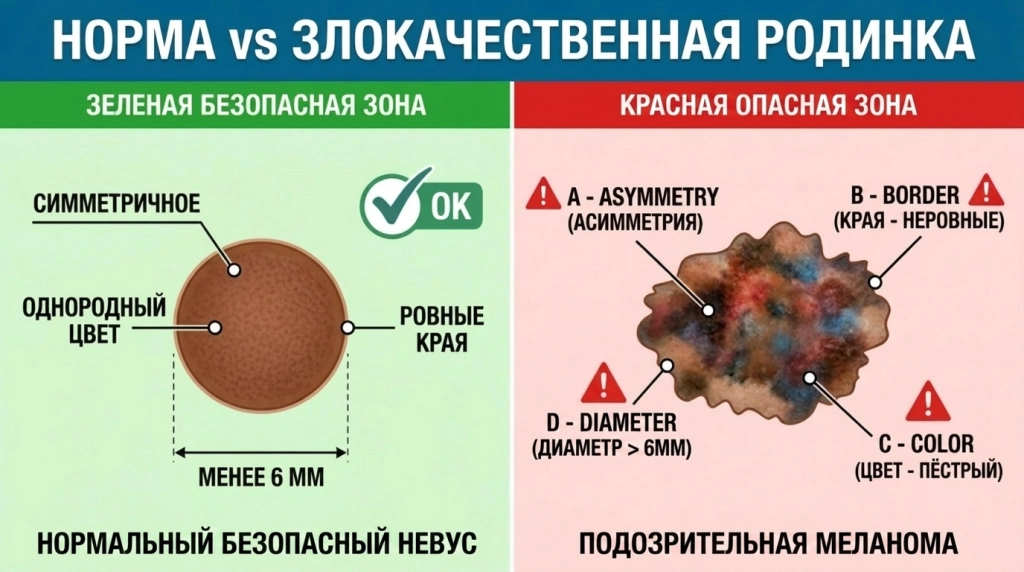 Схема различий между обычной и злокачественной родинкой по признакам ABCDE