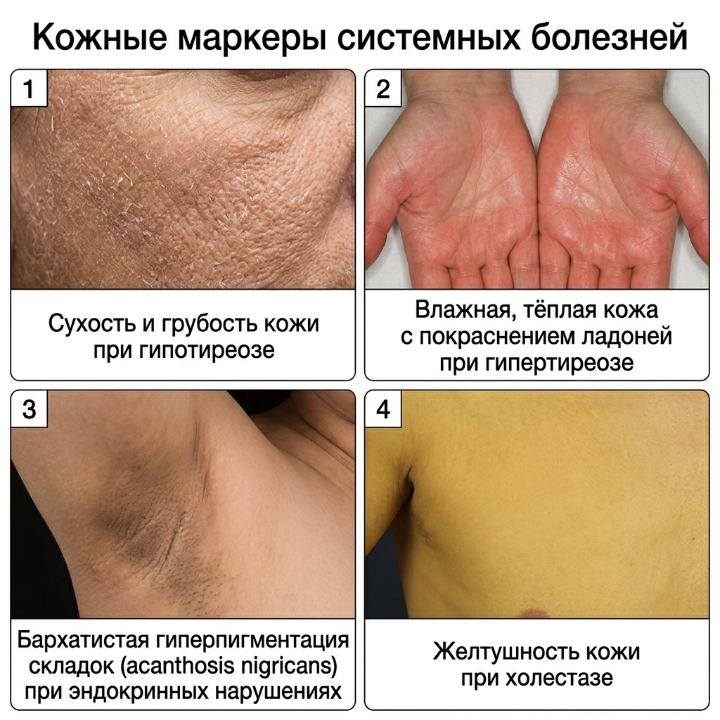 Примеры кожных симптомов при заболеваниях щитовидной железы и внутренних органах