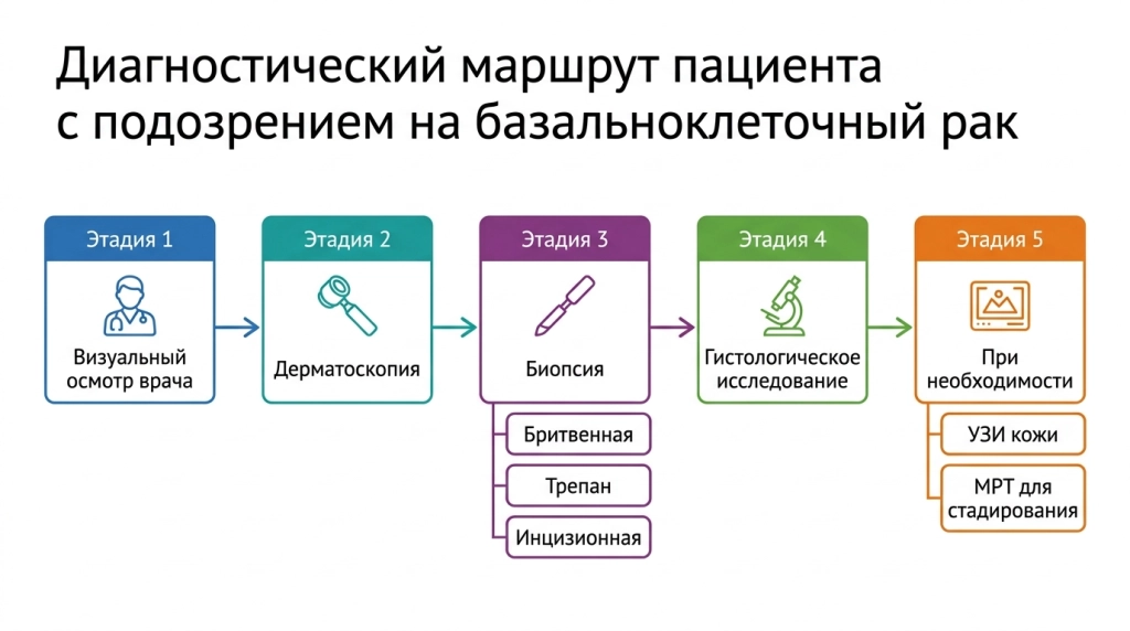 Схема диагностики базальноклеточного рака: осмотр, дерматоскопия, биопсия